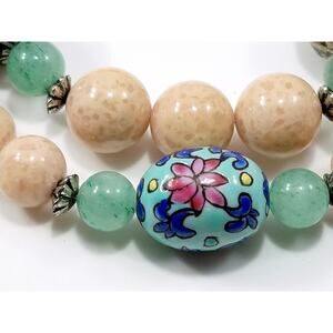 Vtg Chinese Pink Green Peking Glass Bead Necklace Painted Porcelain Silver Plate